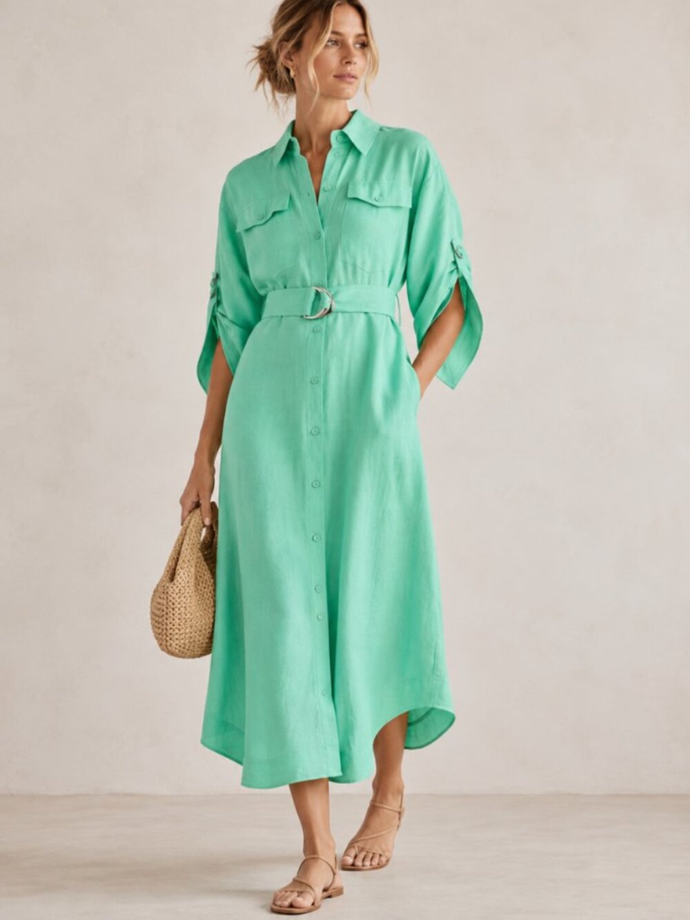 Aje. Signal Shirt Linen Blend Midi Dress in Marine Green